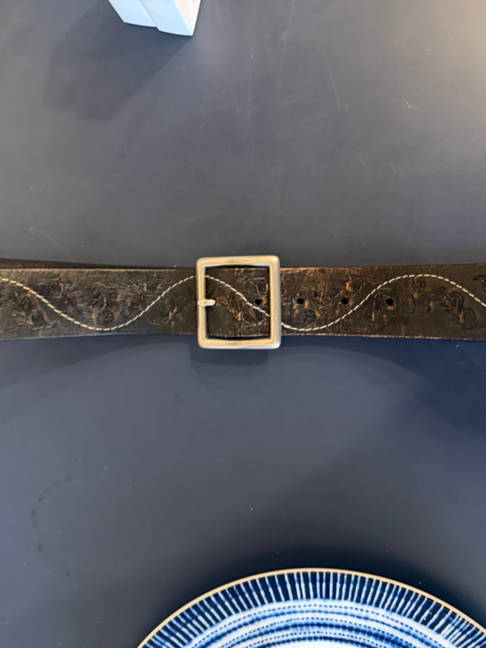 Tooled Leather Belt with White Stitching and Square Buckle - Dark Brown Size XL